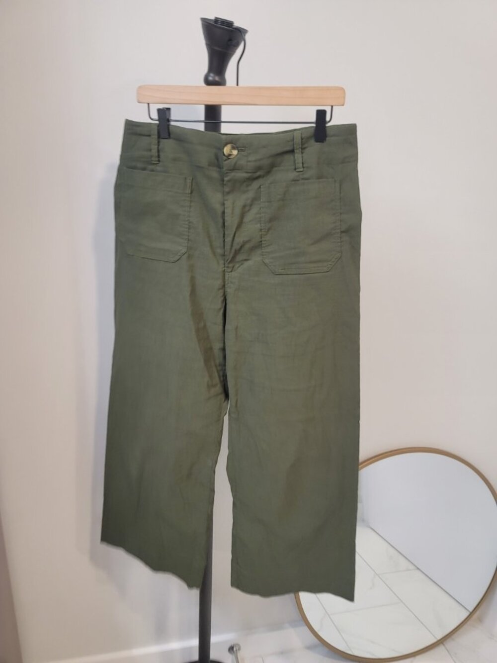 Anthropologie Green The Colette Linen Blend Crop Wide-Leg Pants by Maeve Sz 32
